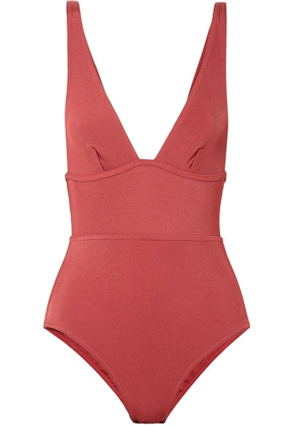 Shop Zimmermann Ribbed Swimsuit In Coral