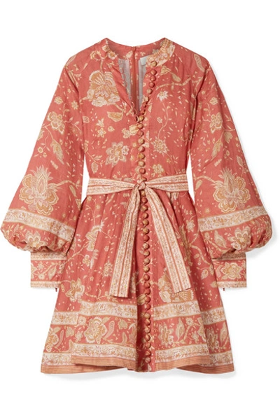 Shop Zimmermann Belted Printed Linen Mini Dress In Red