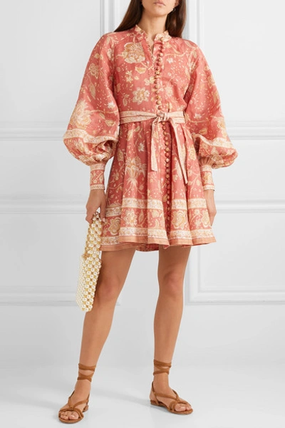 Shop Zimmermann Belted Printed Linen Mini Dress In Red