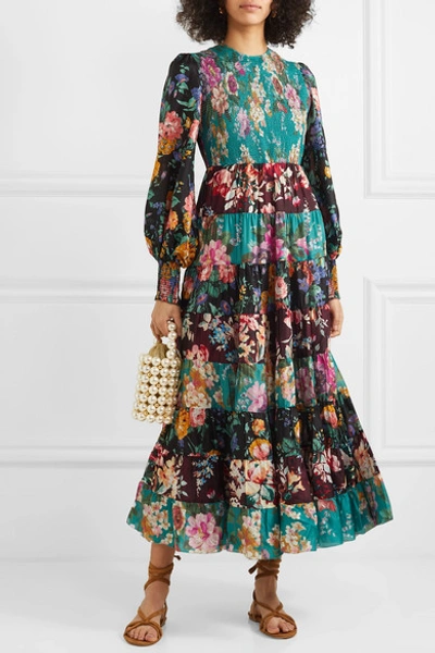 Shop Zimmermann Allia Tiered Floral-print Silk Maxi Dress In Emerald