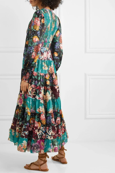 Shop Zimmermann Allia Tiered Floral-print Silk Maxi Dress In Emerald