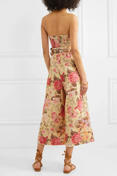 Shop Zimmermann Honour Strapless Floral-print Linen Jumpsuit In Pink