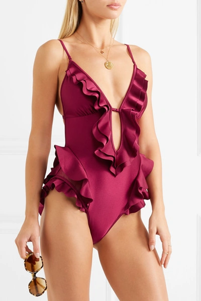 Shop Zimmermann Amari Swiss-dot Tulle-paneled Ruffled Swimsuit In Magenta
