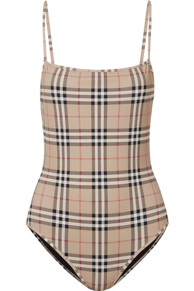 Shop Burberry Checked Swimsuit In Beige