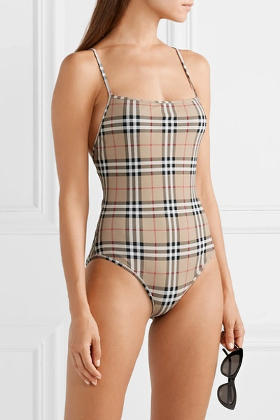 Shop Burberry Checked Swimsuit In Beige