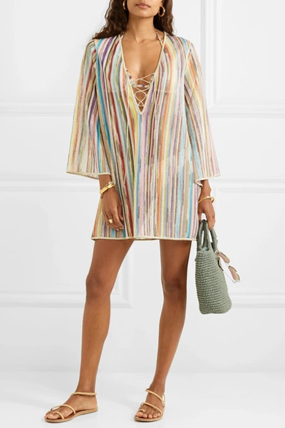 Shop Missoni Striped Metallic Crochet-knit Kaftan In Yellow