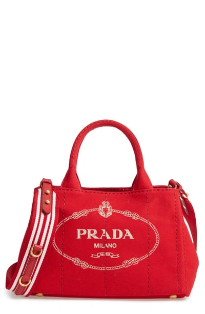Shop Prada Canapa Logo Garde Canvas Tote - Red In Rosso/ Talco