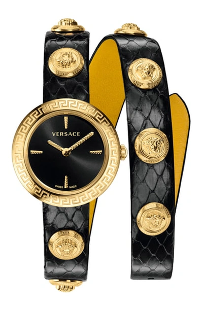Shop Versace Medusa Stud Icon Leather Strap Watch, 28mm In Black/ Gold