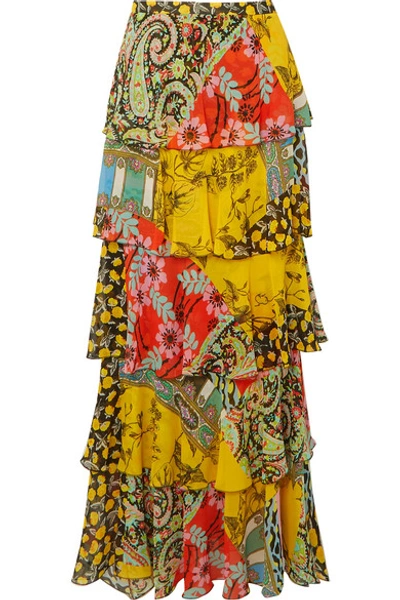 Shop Etro Ruffled Printed Silk-chiffon Maxi Skirt In Yellow