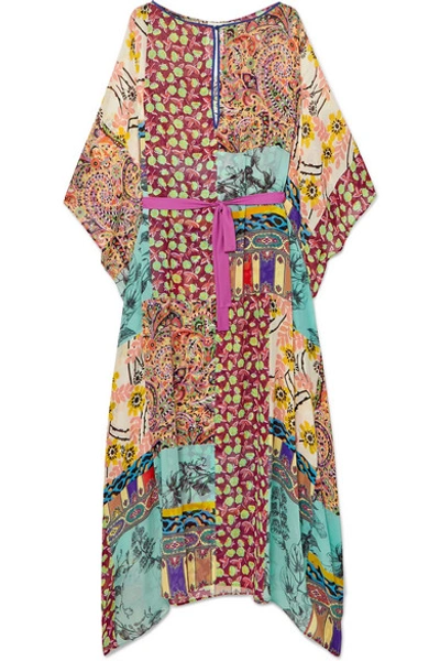 Shop Etro Patchwork Printed Silk-georgette Kaftan In Teal