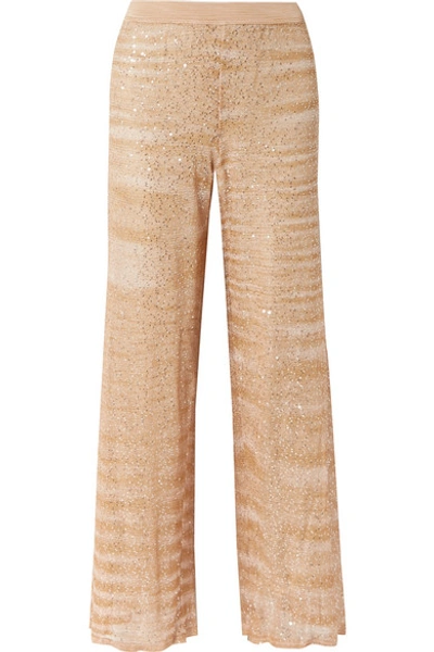 Shop Missoni Sequin-embellished Crochet-knit Straight-leg Pants In Beige