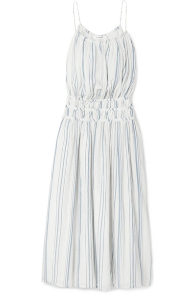 Shop Frame Shirred Striped Cotton-voile Midi Dress In White