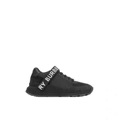 Shop Burberry Logo Detail Leather Nubuck And Mesh Sneakers In Black