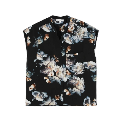 Shop Vince Black Peony-print Silk Blouse