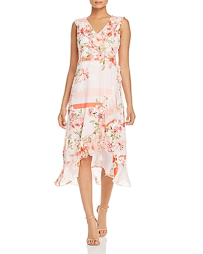 Shop Calvin Klein Sleeveless Floral Faux-wrap Midi Dress In Porcelain Rose