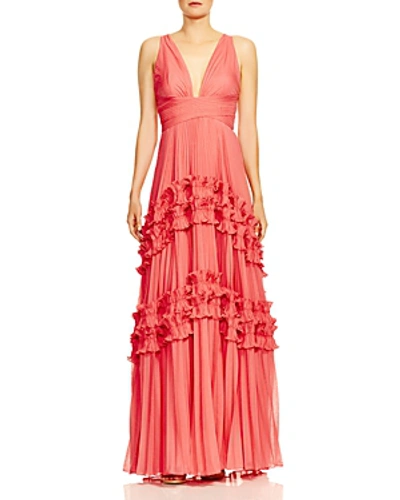 Shop Halston Heritage Pleated Ruffle-trimmed Gown In Strawberry