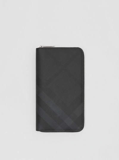 Shop Burberry London Check And Leather Ziparound Wallet In Dark Charcoal