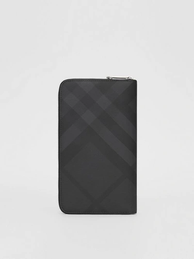 Shop Burberry London Check And Leather Ziparound Wallet In Dark Charcoal