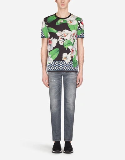 Shop Dolce & Gabbana Cotton T-shirt With Orchid Print In Multicolored