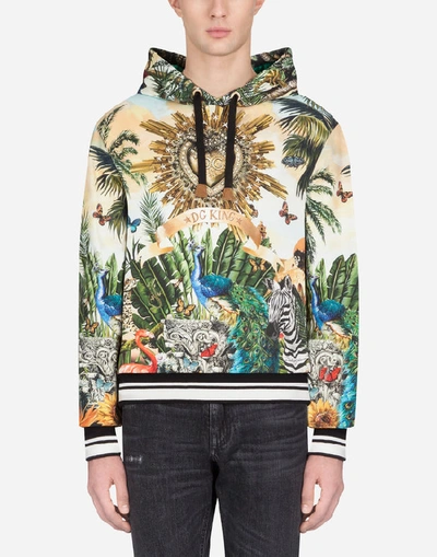 Shop Dolce & Gabbana Cotton Hoodie With Tropical King Print In Multicolored