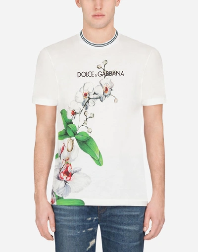Shop Dolce & Gabbana Cotton T-shirt With Logo And Orchid Print In Multicolored
