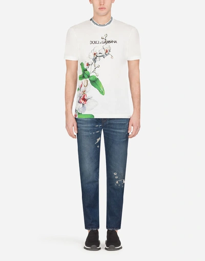 Shop Dolce & Gabbana Cotton T-shirt With Logo And Orchid Print In Multicolored