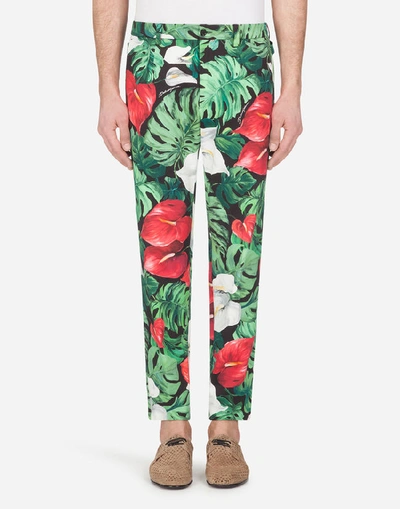 Shop Dolce & Gabbana Stretch Cotton Pants With Anthurium Print In Multicolored