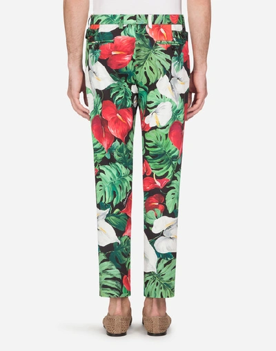 Shop Dolce & Gabbana Stretch Cotton Pants With Anthurium Print In Multicolored