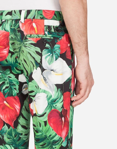 Shop Dolce & Gabbana Stretch Cotton Pants With Anthurium Print In Multicolored