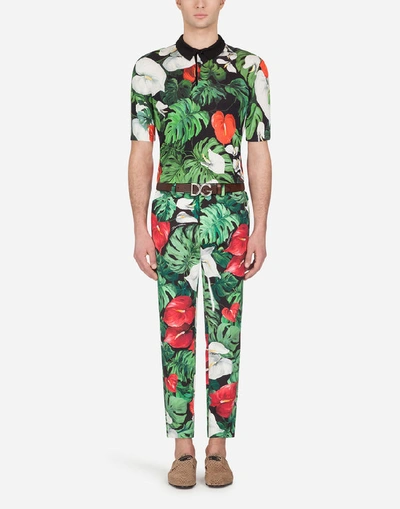 Shop Dolce & Gabbana Stretch Cotton Pants With Anthurium Print In Multicolored