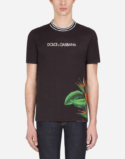 Shop Dolce & Gabbana Cotton T-shirt With Bird Of Paradise Print And Logo In Multicolored