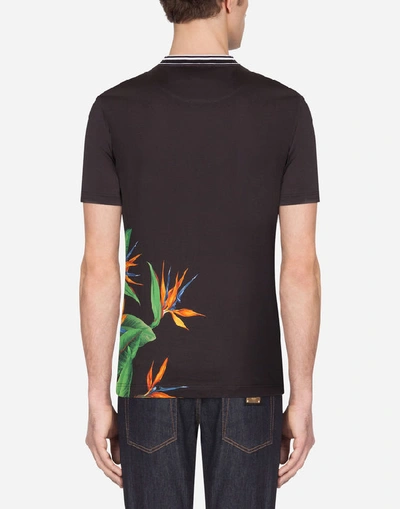 Shop Dolce & Gabbana Cotton T-shirt With Bird Of Paradise Print And Logo In Multicolored