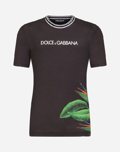 Shop Dolce & Gabbana Cotton T-shirt With Bird Of Paradise Print And Logo In Multicolored