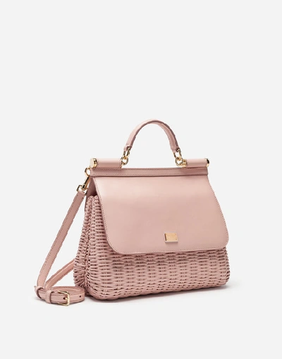 Shop Dolce & Gabbana Medium Sicily Bag In Lacquered Wicker And Calfskin In Pink