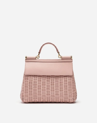 Shop Dolce & Gabbana Medium Sicily Bag In Lacquered Wicker And Calfskin In Pink