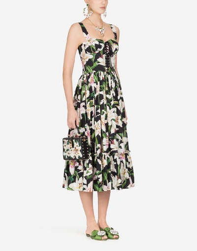 Shop Dolce & Gabbana Bustier Midi Dress In Lily-print Poplin In Floral Print