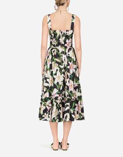 Shop Dolce & Gabbana Bustier Midi Dress In Lily-print Poplin In Floral Print