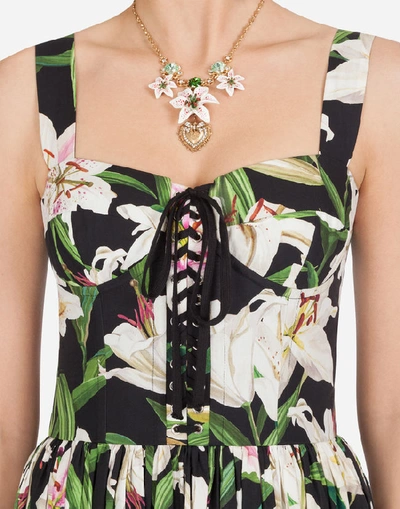 Shop Dolce & Gabbana Bustier Midi Dress In Lily-print Poplin In Floral Print