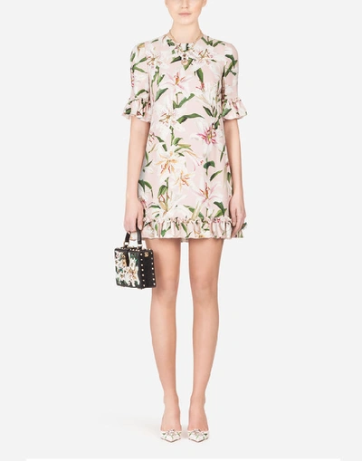 Shop Dolce & Gabbana Short Lily-print Cady Dress With Ruffle Detailing In Floral Print