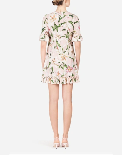 Shop Dolce & Gabbana Short Lily-print Cady Dress With Ruffle Detailing In Floral Print