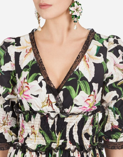 Shop Dolce & Gabbana Lily-print Poplin Midi Dress In Floral Print