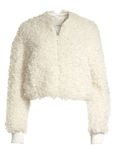 Shop Tibi Faux Shearling Fur Cropped Bomber Jacket In Ivory
