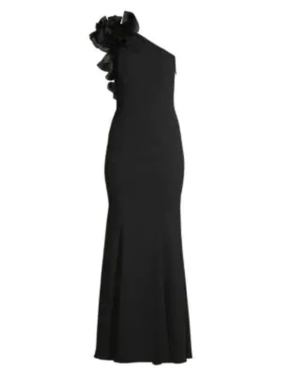Shop Aidan Mattox Organza Ruffle One-shoulder Gown In Black