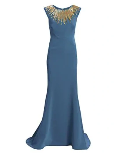 Shop Zac Posen Women's Embellished-neckline Sleeveless Crepe Gown In Ocean Blue