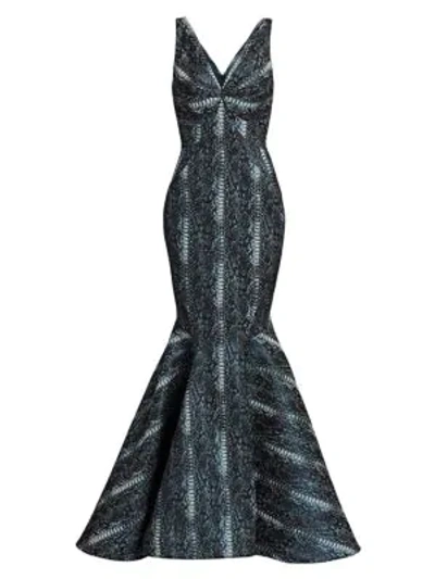 Shop Zac Posen Metallic Party Jacquard Snake Print Mermaid Gown In Python Ocean Blue