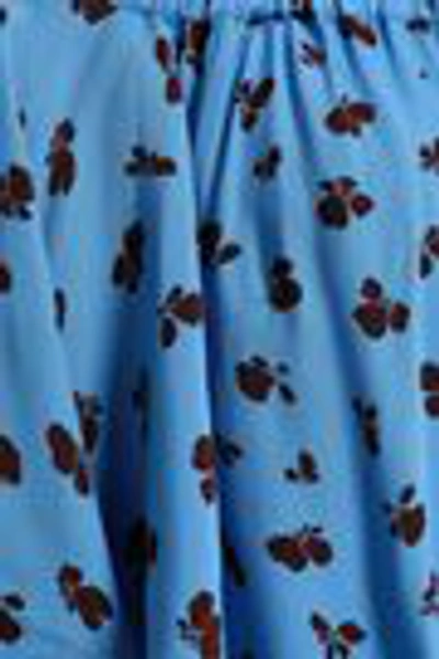 Shop Ganni Roseburg Off-the-shoulder Printed Washed-crepe Blouse In Azure