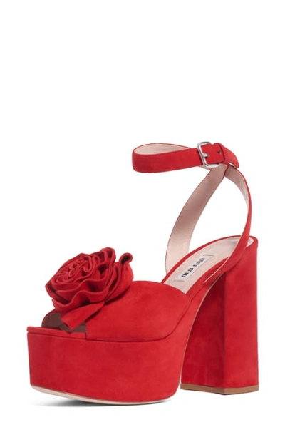 Shop Miu Miu Flower Platform Sandal In Red
