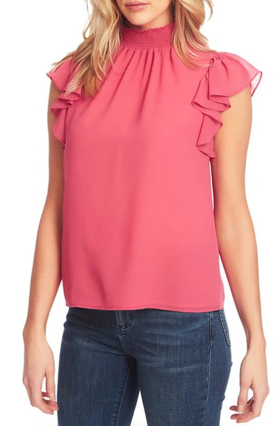 Shop 1.state Flutter Sleeve Smocked Neck Blouse In Coral Poppy