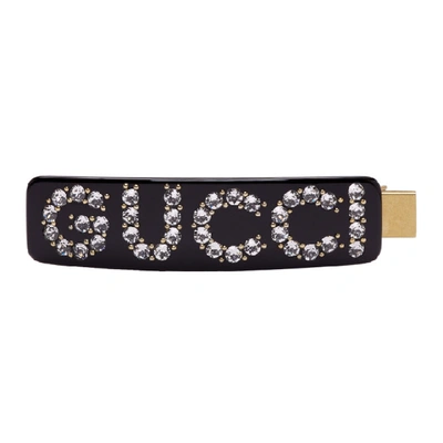 Shop Gucci Black Crystal Logo Hair Clip In 8519 Oro