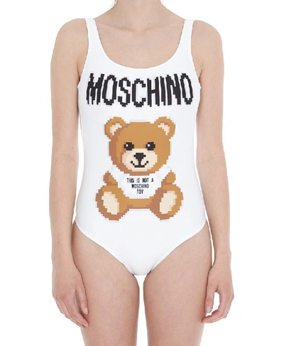 Shop Moschino Pixelated Teddy Swimsuit In White